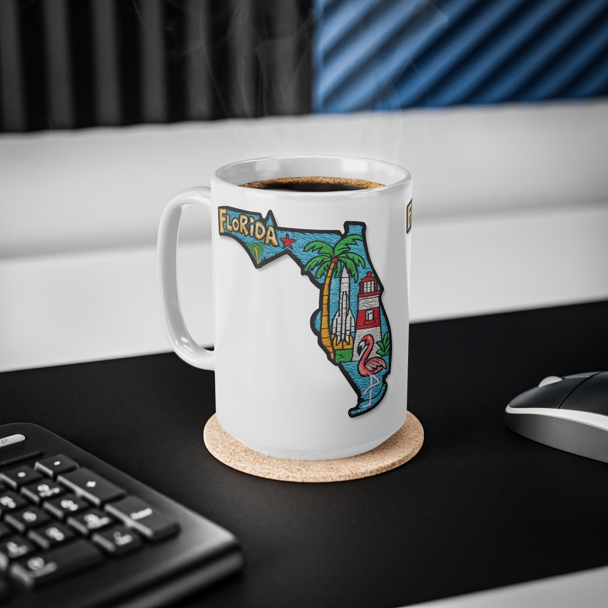 Florida State Map Coffee Mug – Retro Palm Trees, Lighthouse & Flamingo 11oz/15oz