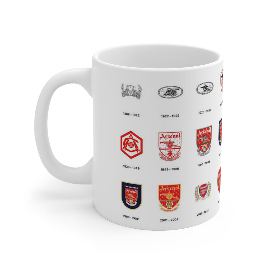Arsenal Crest Evolution Coffee Mug — Timeline of Club Crests, 11oz & 15oz