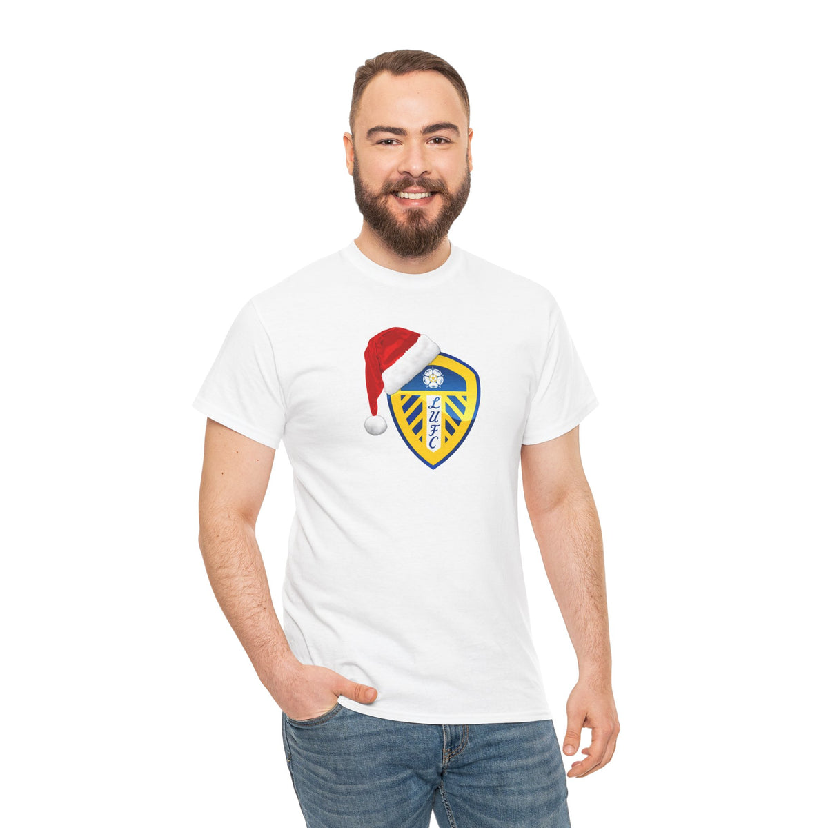 Leeds United Christmas Crest T-Shirt — Santa Hat Soccer Tee