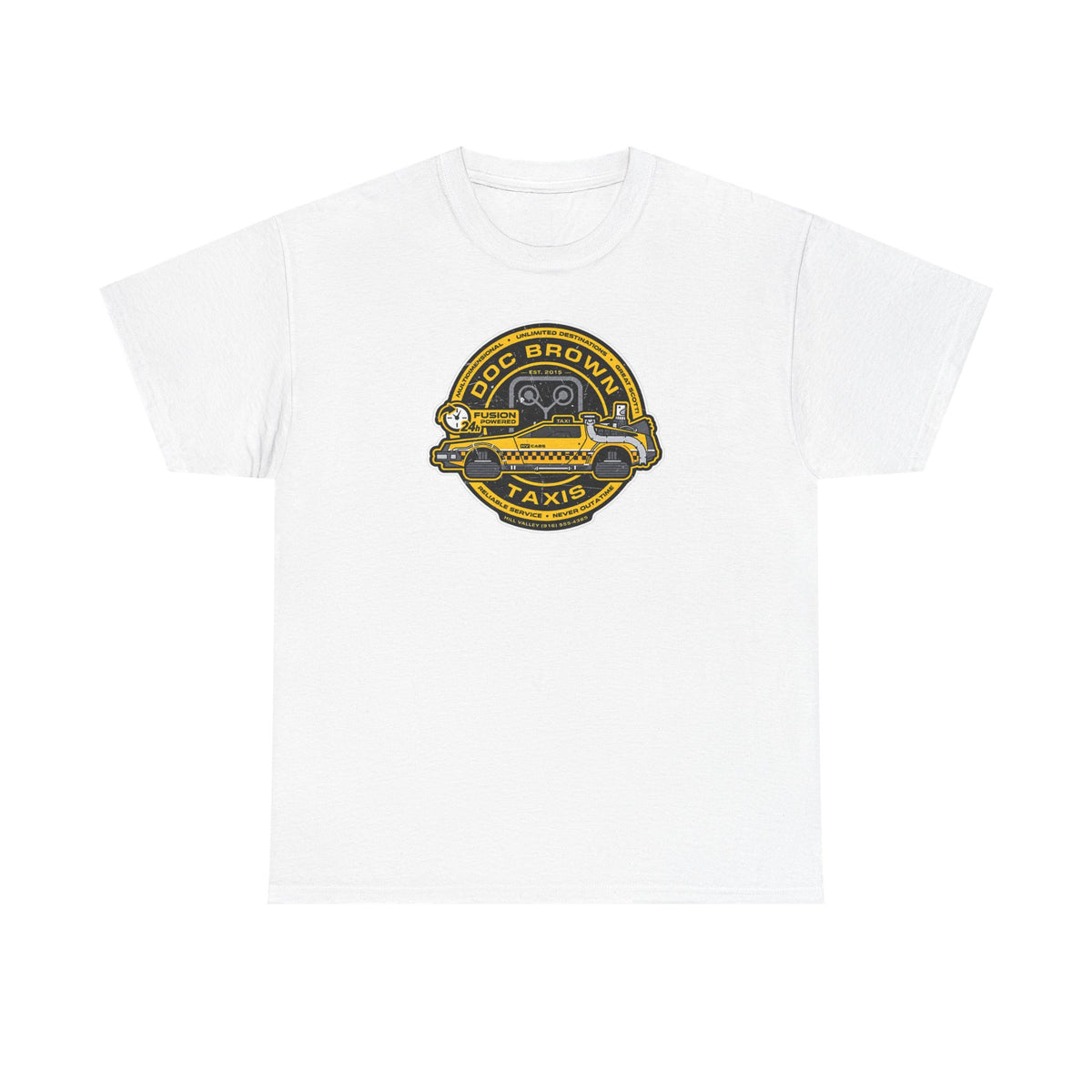 Vintage Taxi Badge T-Shirt — 'Doc Brown Taxis' Retro Cab Logo Tee