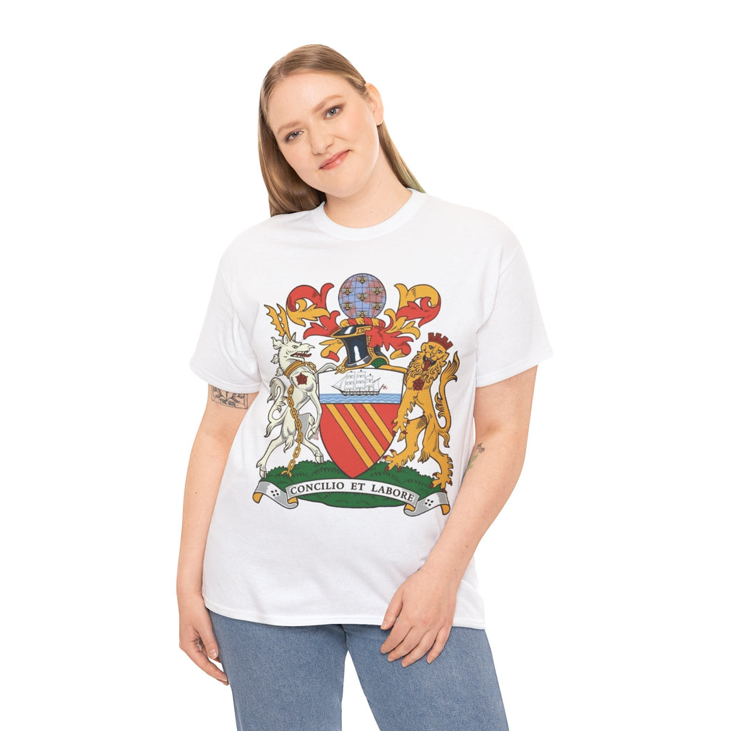 Manchester Coat of Arms Crest T‑Shirt — Heraldic Family Shield Tee with 'Concilio et Labore' Banner