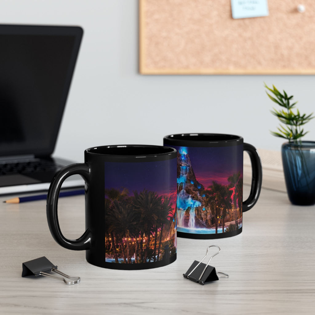 Volcano Bay at Night Black Mug — Illuminated Waterfall & Palm Tree Coffee Cup (11oz/15oz)