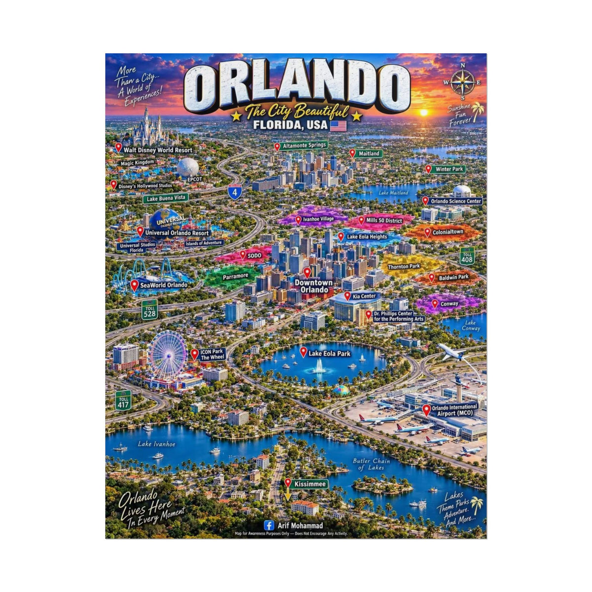 Orlando Map Poster – Colorful Aerial City Map of Orlando, Florida (Rolled Poster)