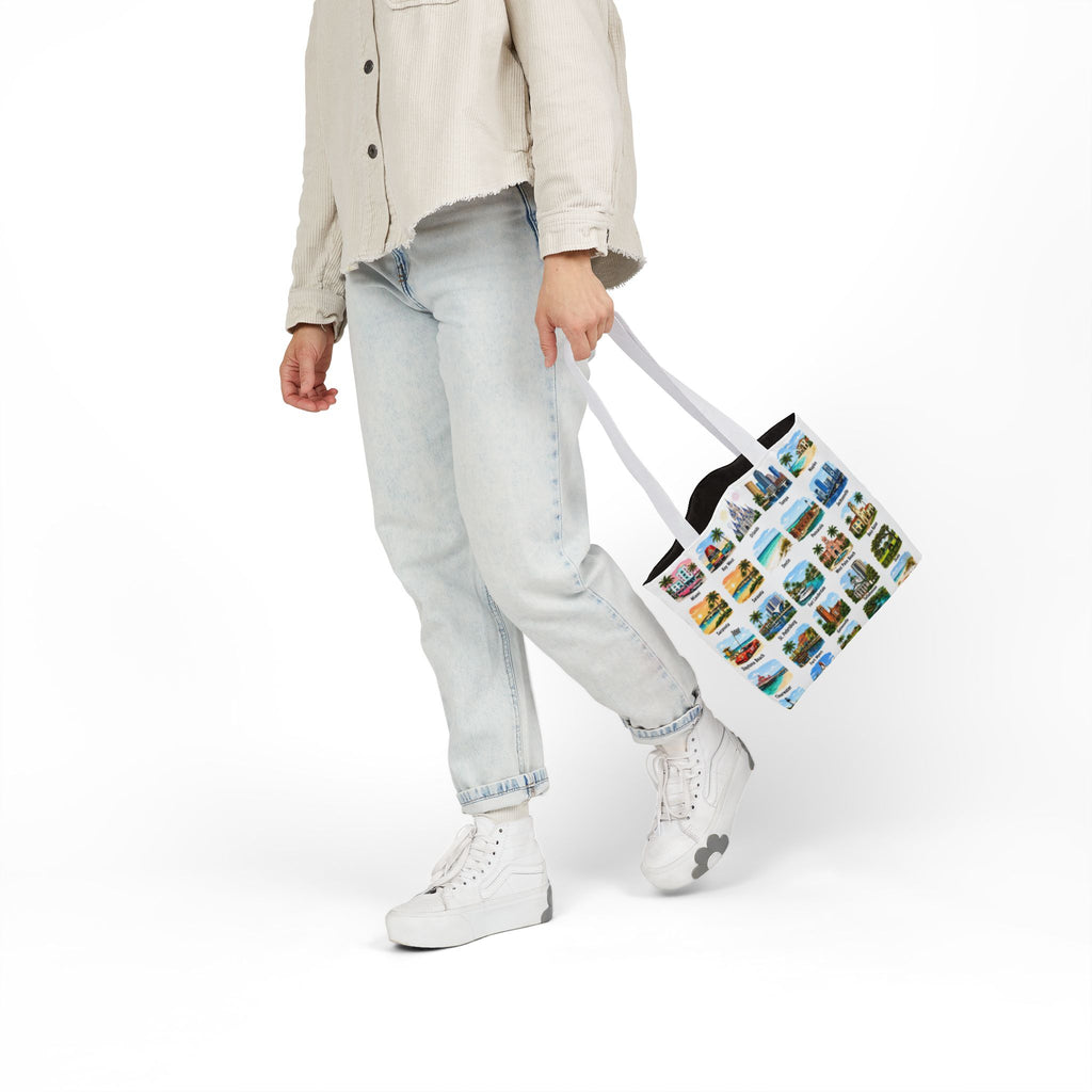 Florida City Landmark Collage Canvas Tote Bag — Vintage Travel Icons Print