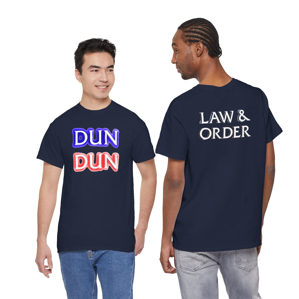 DUN DUN / Law & Order Graphic Tee — Retro Red & Blue Text Shirt