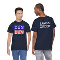 DUN DUN / Law & Order Graphic Tee — Retro Red & Blue Text Shirt
