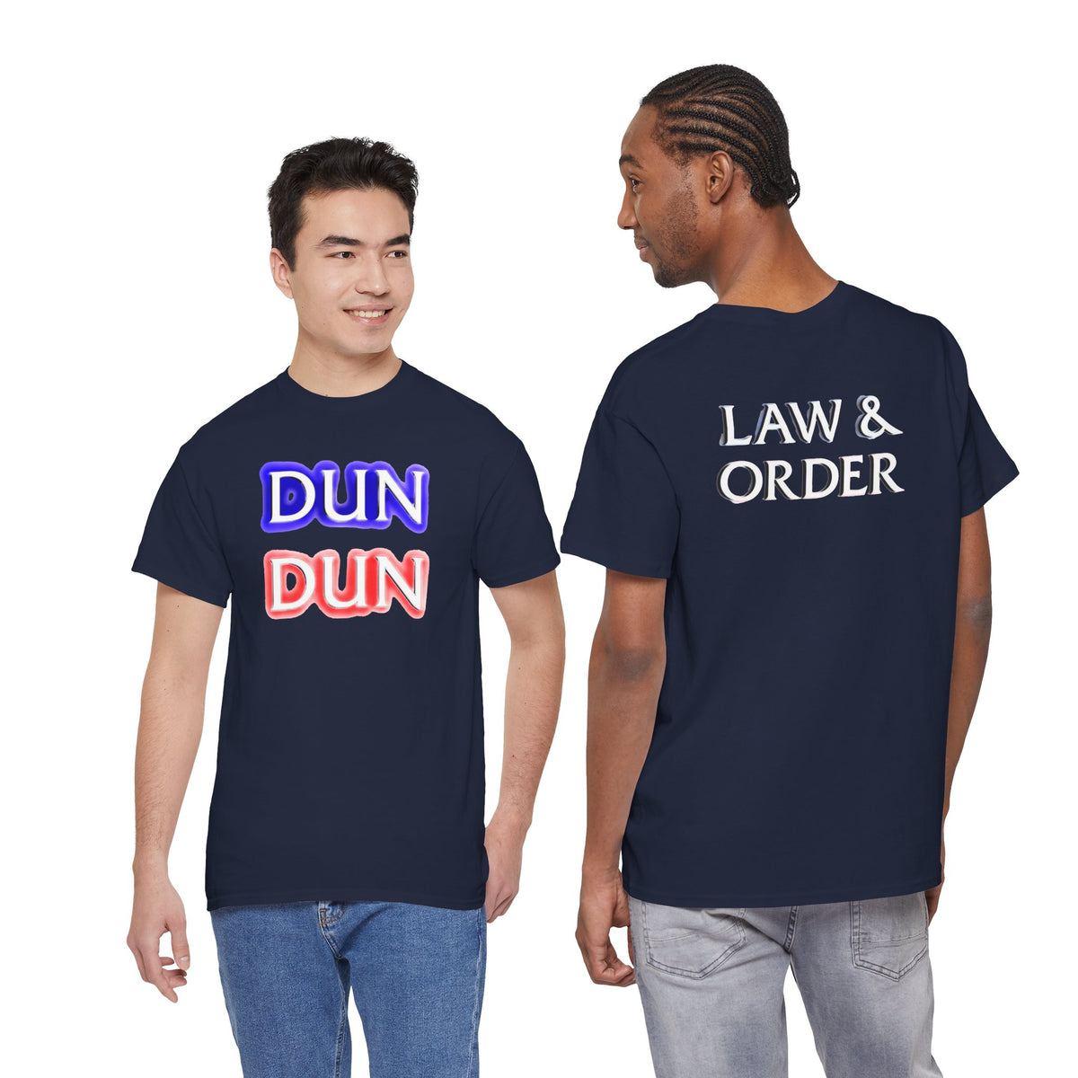DUN DUN / Law & Order Graphic Tee — Retro Red & Blue Text Shirt