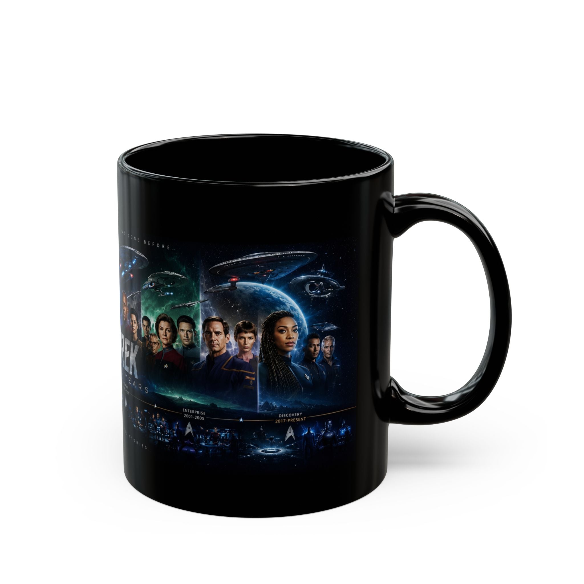 Star Trek Collage Black Mug — Sci‑Fi Crew Montage Coffee Cup (11oz/15oz)