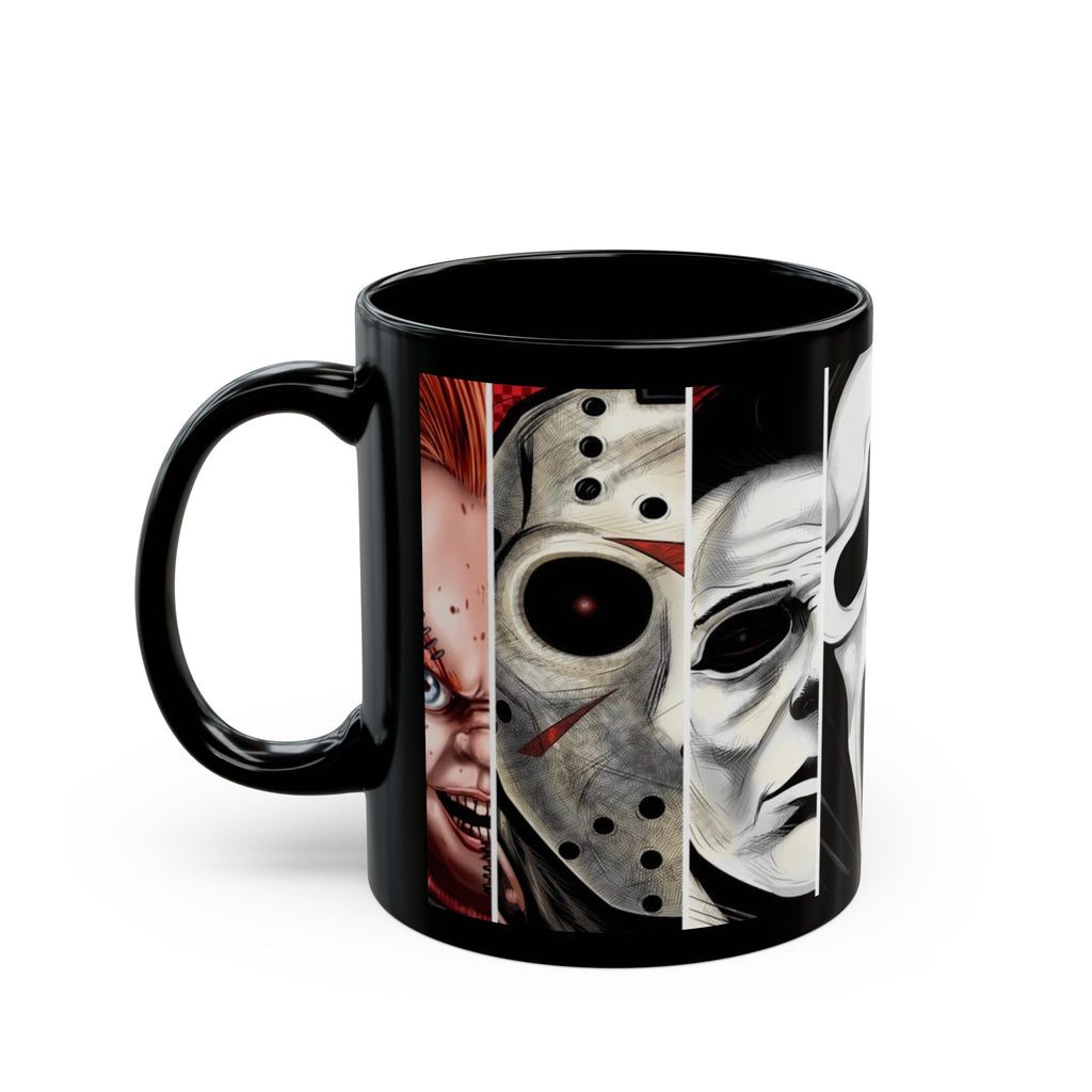 Horror Icons Collage Mug — Leatherface, Ghostface, Jigsaw & Pennywise Black Coffee Cup