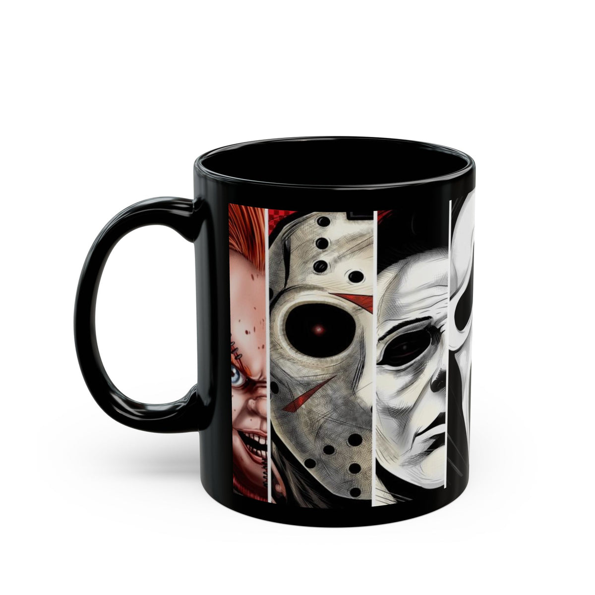 Horror Icons Collage Mug — Leatherface, Ghostface, Jigsaw & Pennywise Black Coffee Cup