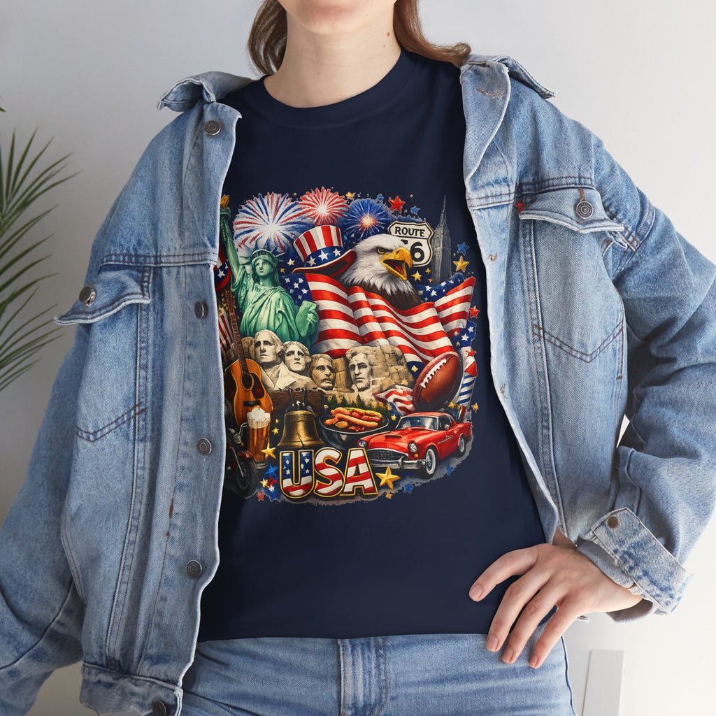 Patriotic USA Graphic Tee – American Flag, Statue of Liberty & Fireworks T-Shirt