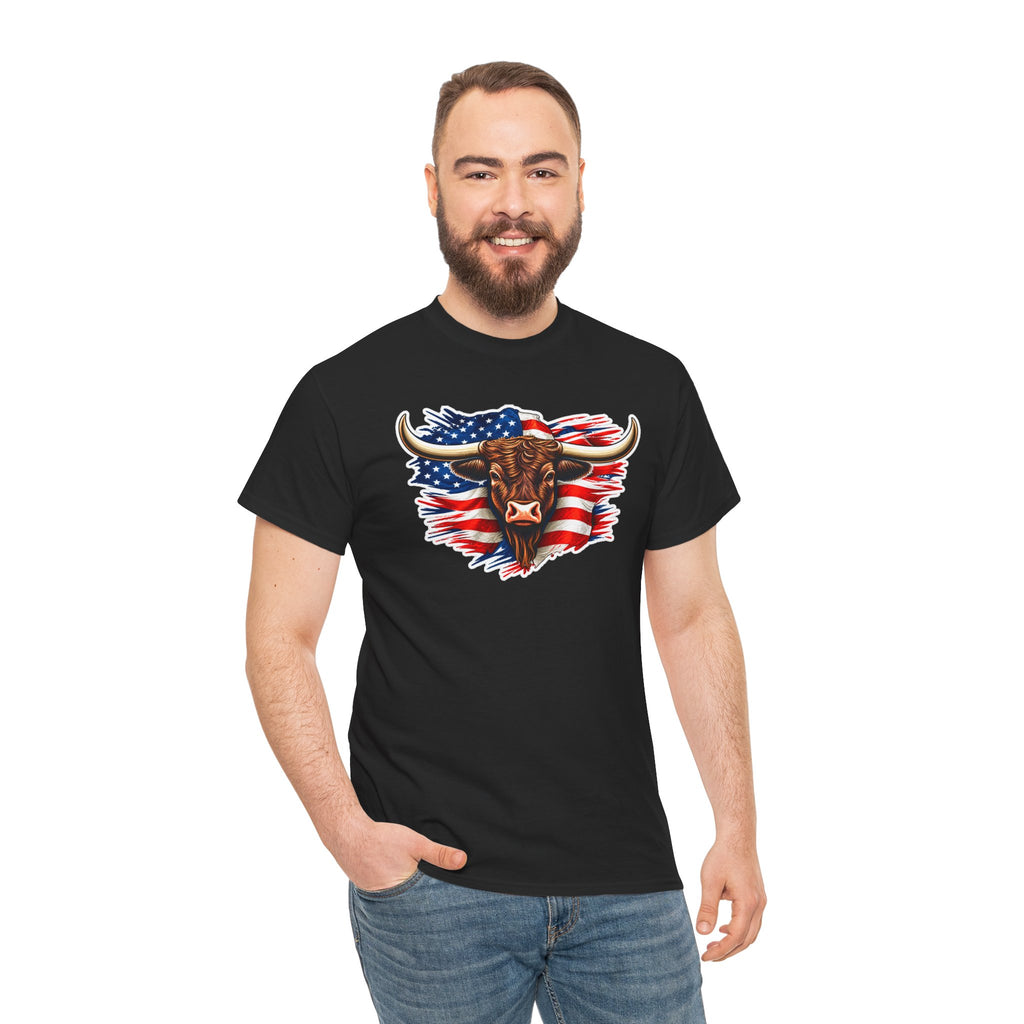 American Flag Bull Graphic Tee — Patriotic Cowboy Western T-Shirt