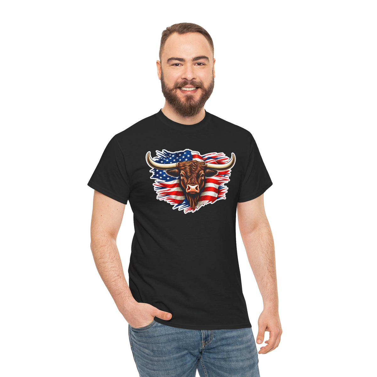 American Flag Bull Graphic Tee — Patriotic Cowboy Western T-Shirt