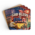 God Bless the USA Corkwood Coaster Set – Patriotic American Flag Eagle Statue of Liberty Design