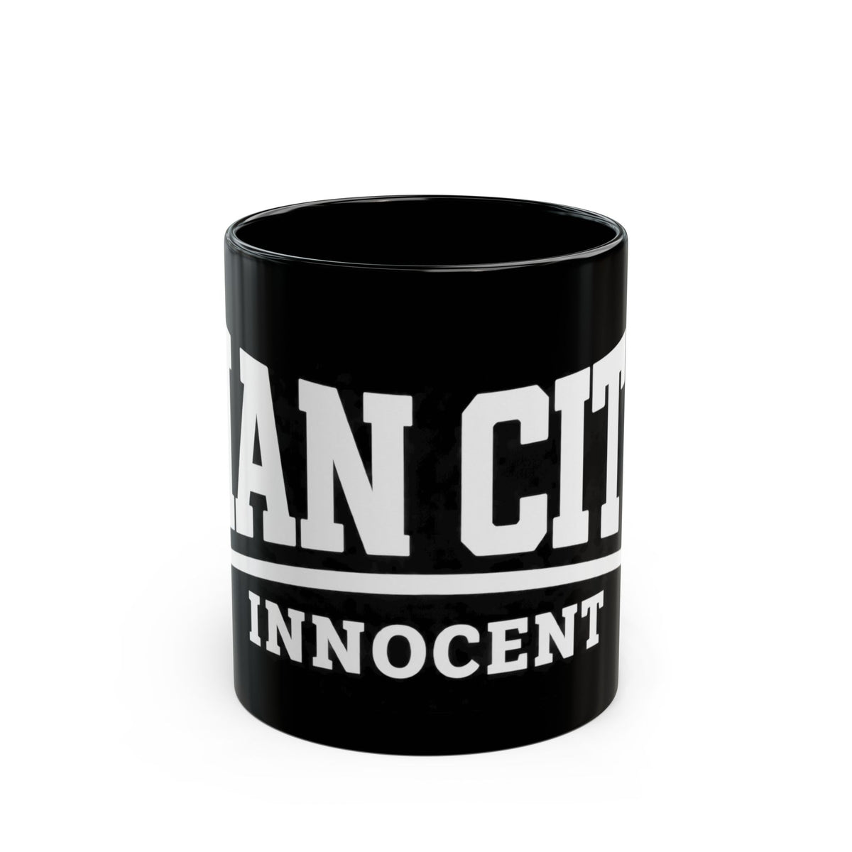 Black Mug — Man City 'Innocent' Bold Typography Coffee Cup