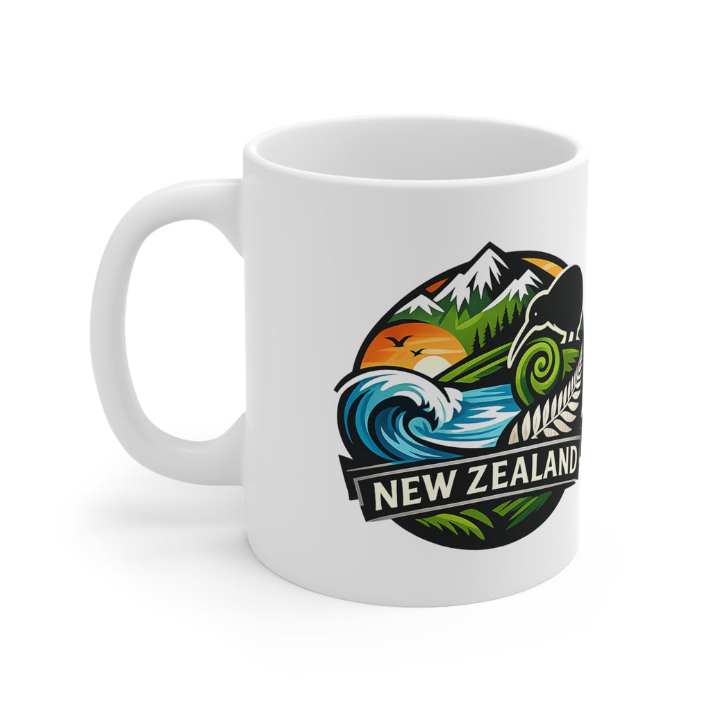 New Zealand Scenic Badge Ceramic Mug — Kiwi, Fern & Ocean Coffee Cup (11oz/15oz)