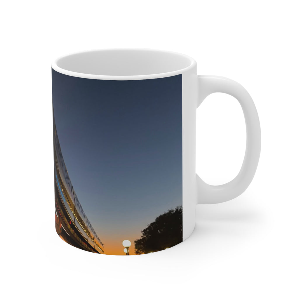WDW Monorail Nightscape Ceramic Mug — Modern Curved Building Photo (11oz & 15oz)