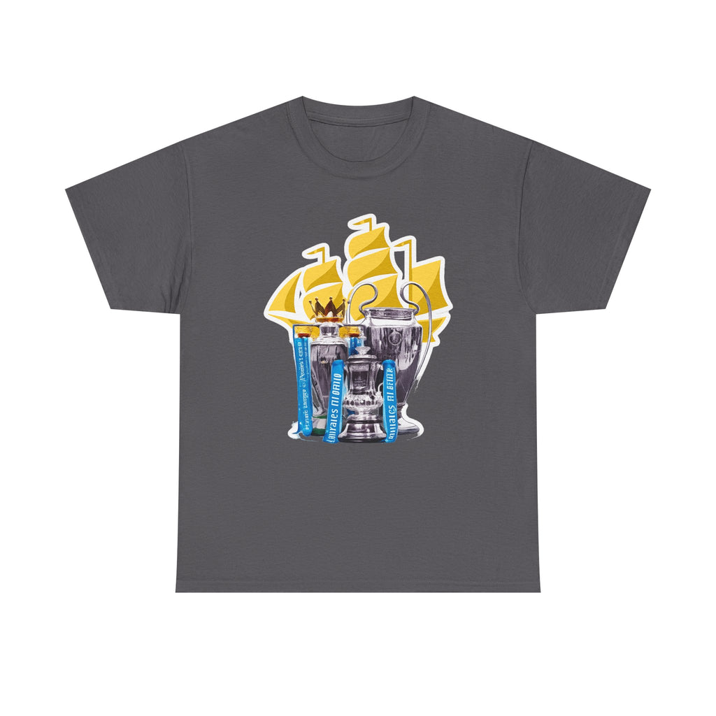 Manchester City Champions Trophy Tee – Golden Cups & Blue Scarves Football Fan Shirt
