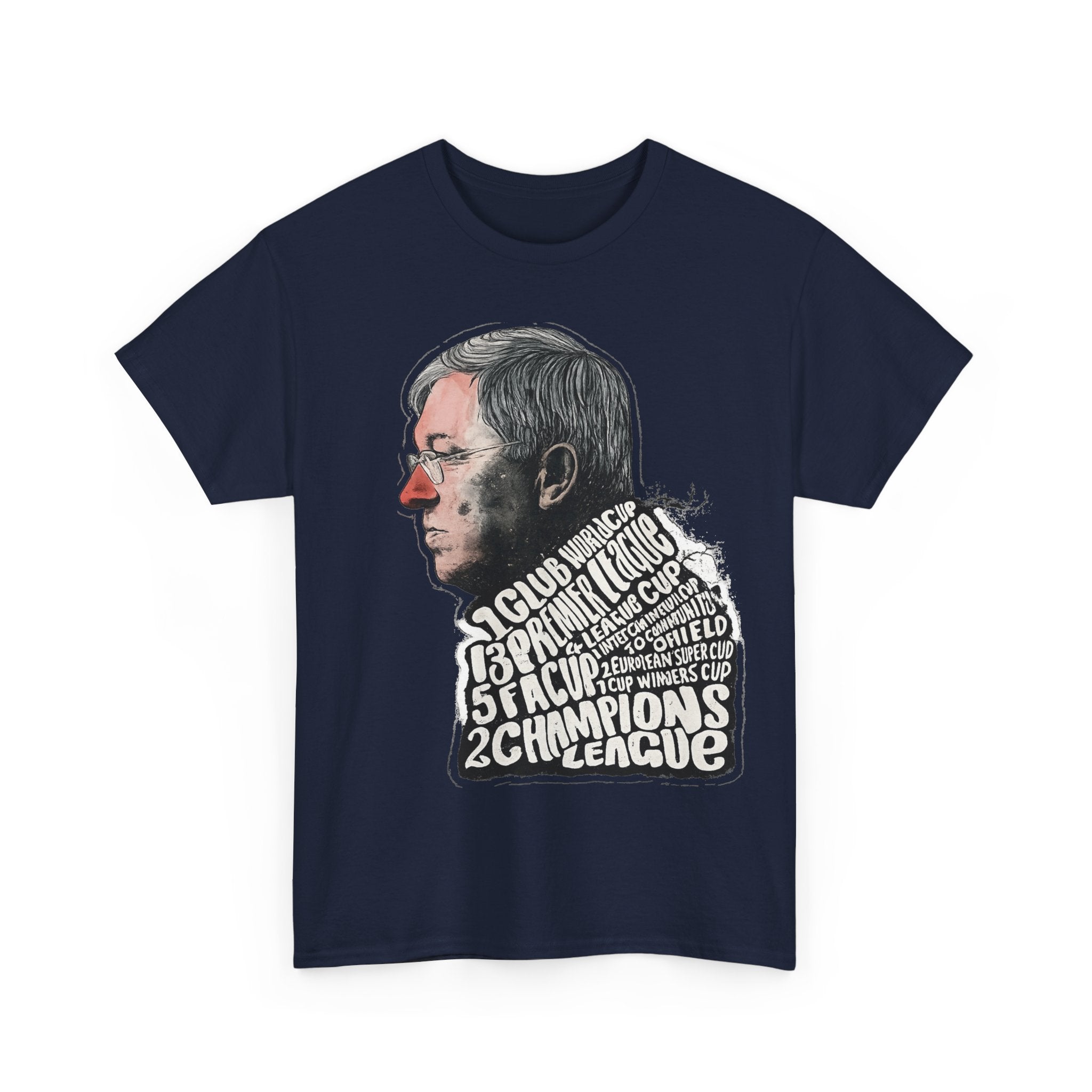 SIr Alex Ferguson Achievements Vintage Football Manager Profile Tee — Illustrated Head with Trophy Text Design
