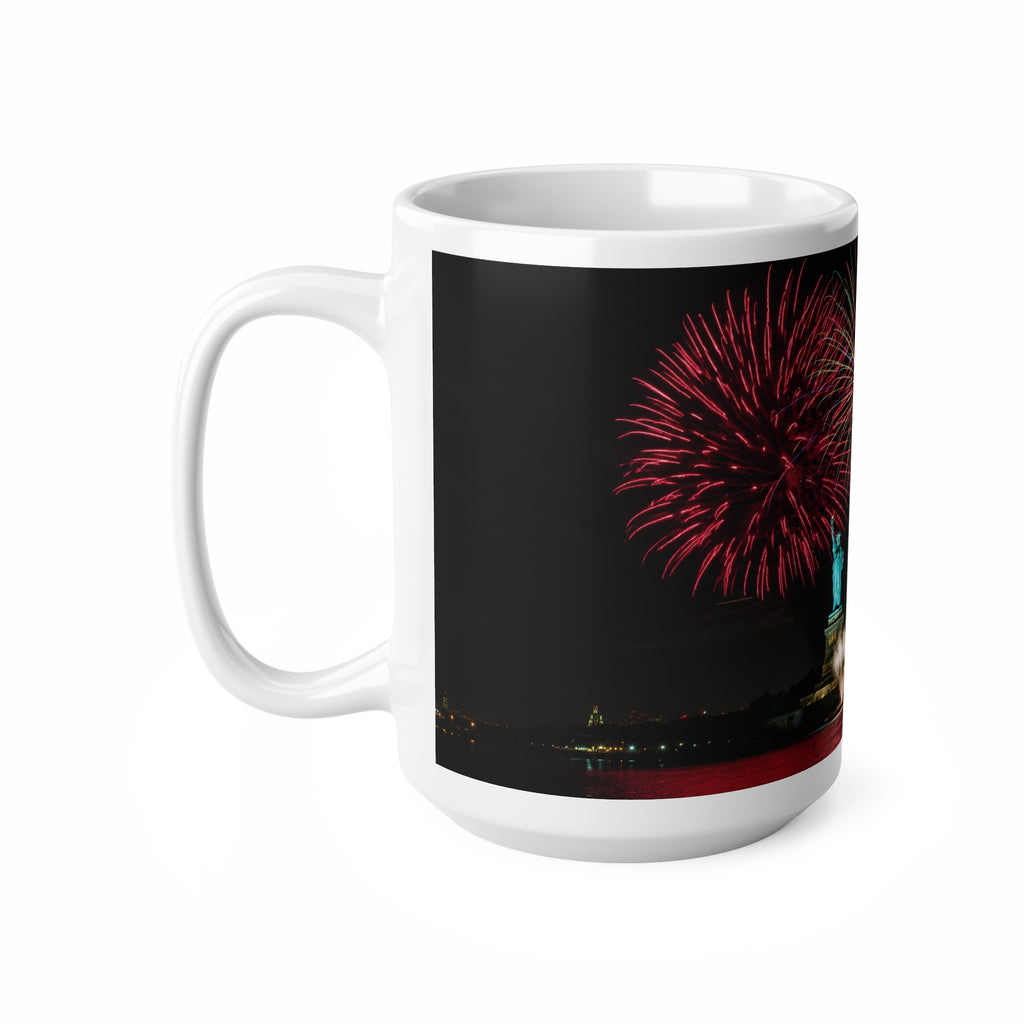 Statue of Liberty Fireworks Coffee Mug — Patriotic New York Night Skyline 11oz/15oz