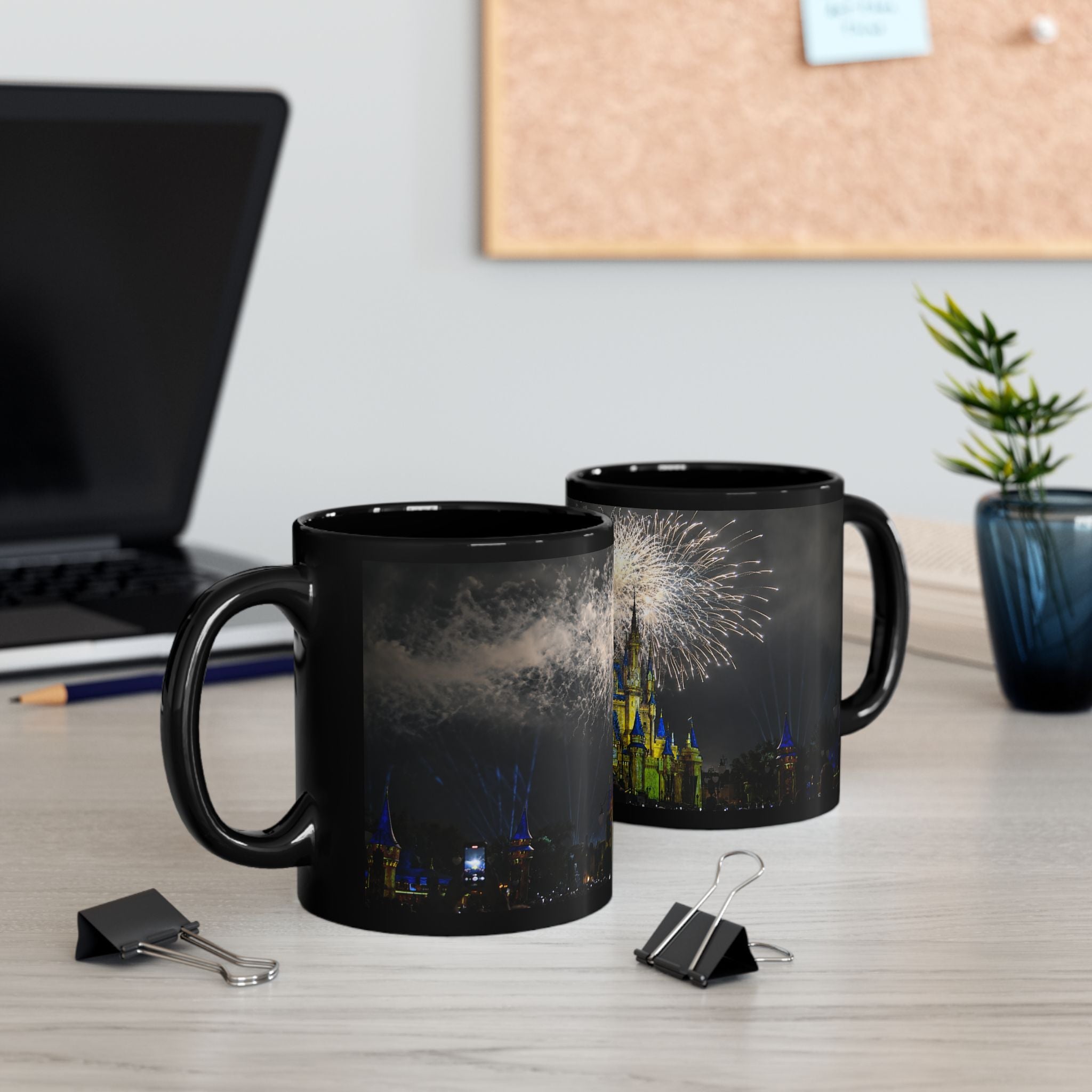 Fireworks MK Castle Black Mug — Nighttime Theme Park Coffee Cup (11oz/15oz)