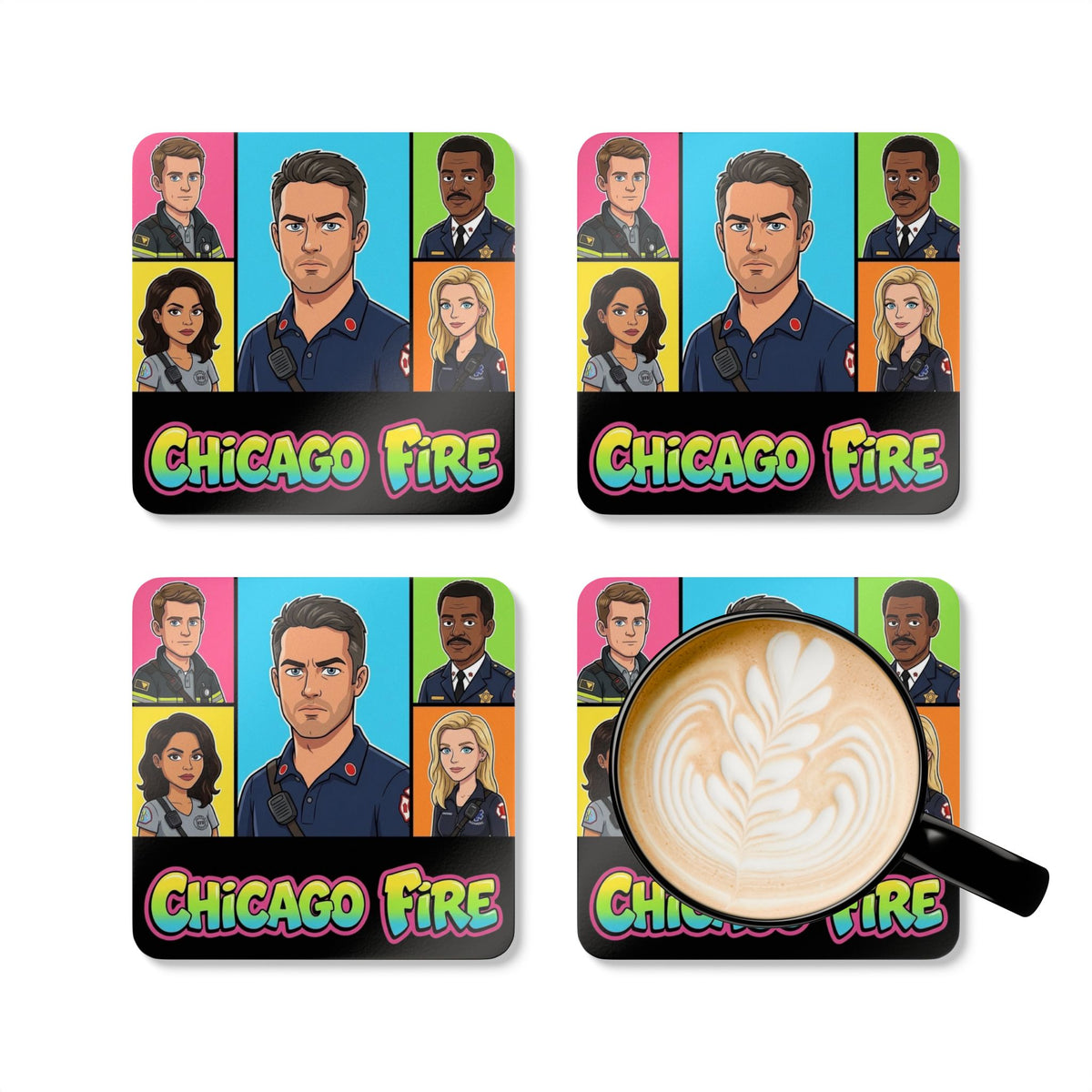 Chicago Fire Cartoon Cork Coaster Set — TV Show Character Drink Coasters