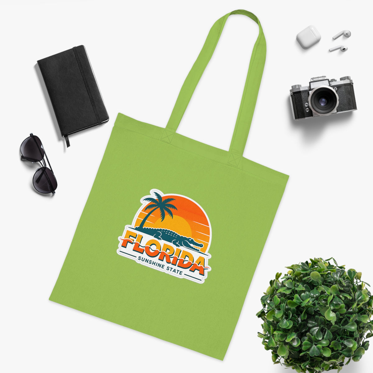 Florida Sunshine State Palm Tree Tote Bag — Retro Beach Sunset Cotton Tote