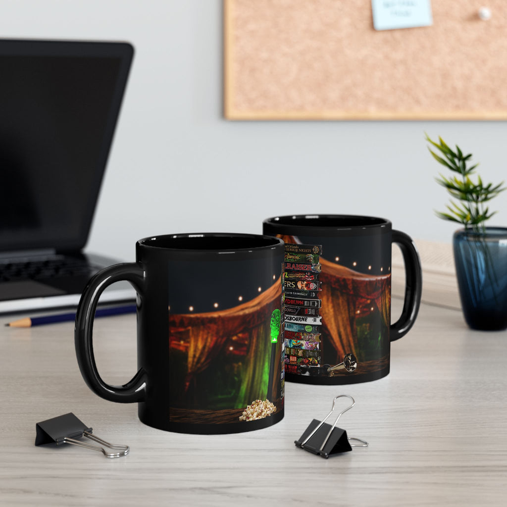 Gothic Horror Bookstack Black Coffee Mug — Vintage Circus, Witchy Reading Vibe (11oz/15oz)