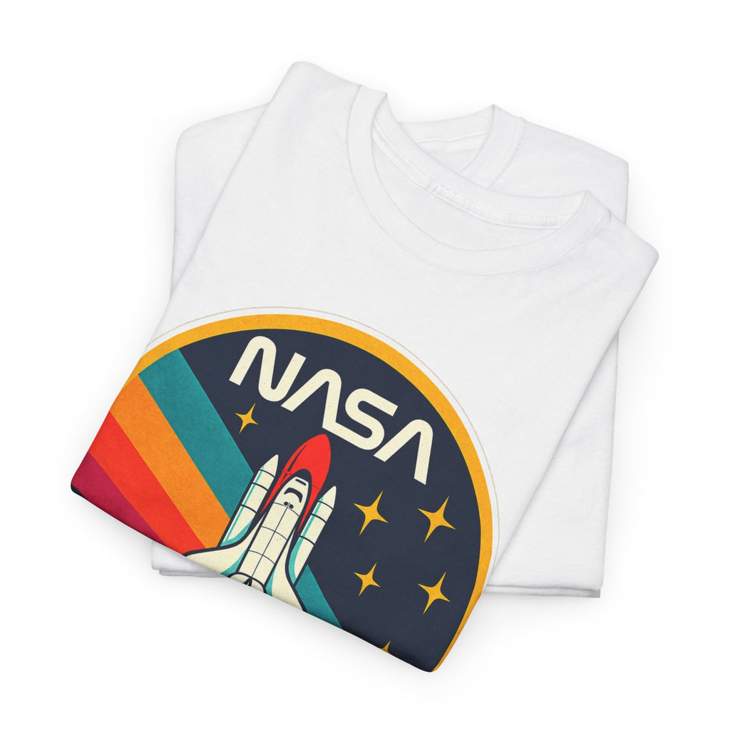 NASA Retro Rocket T‑Shirt — Vintage Space Shuttle Tee with Rainbow Trail