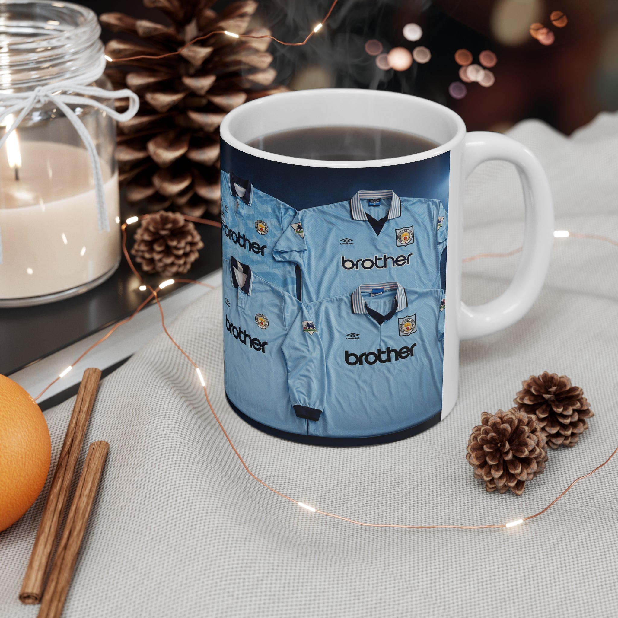Manchester City Retro Home Light Blue Football Jersey Coffee Mug — Vintage Soccer Kits Design, 11oz/15oz