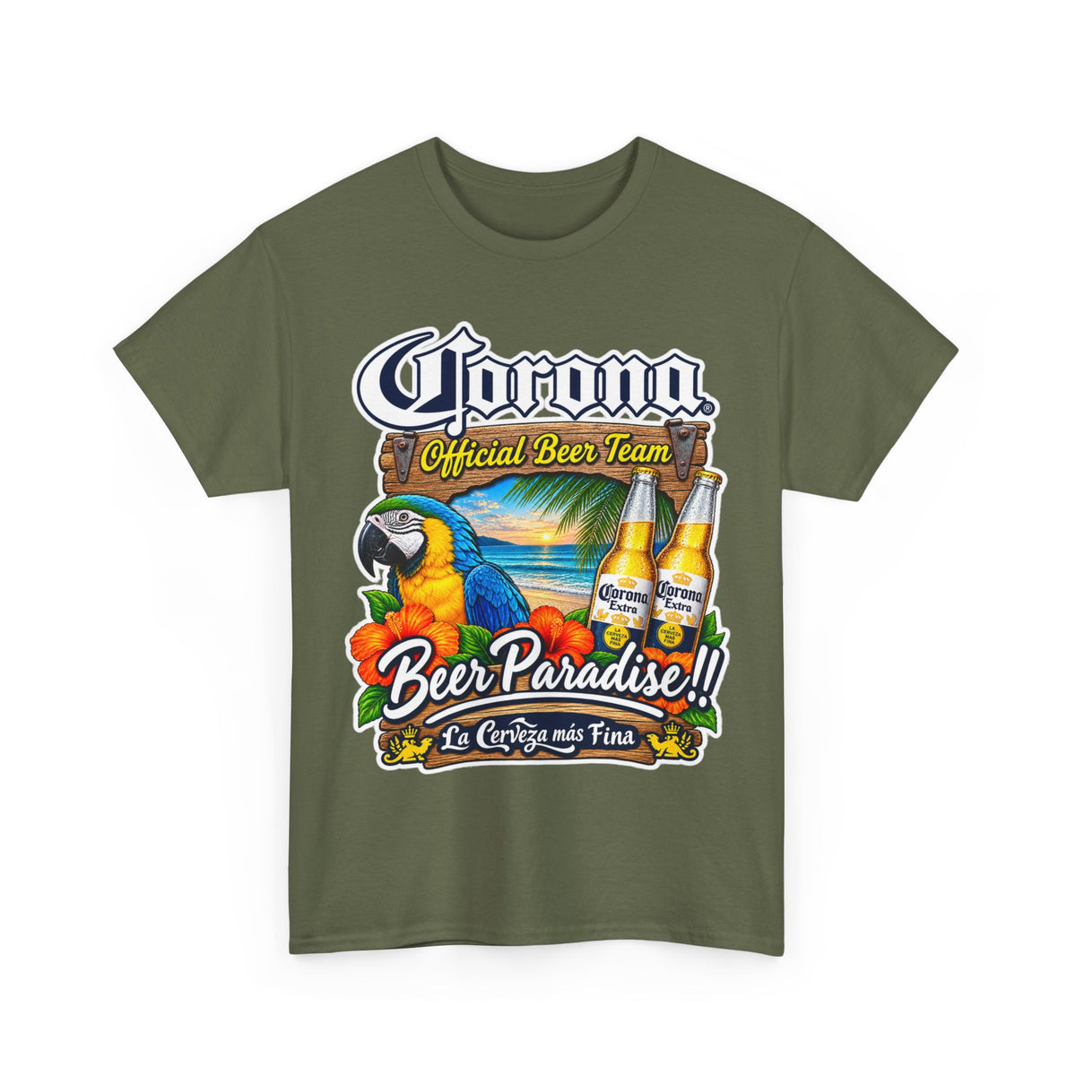 Corona Beer Paradise Tee — Tropical Parrot Beach Beer T‑Shirt