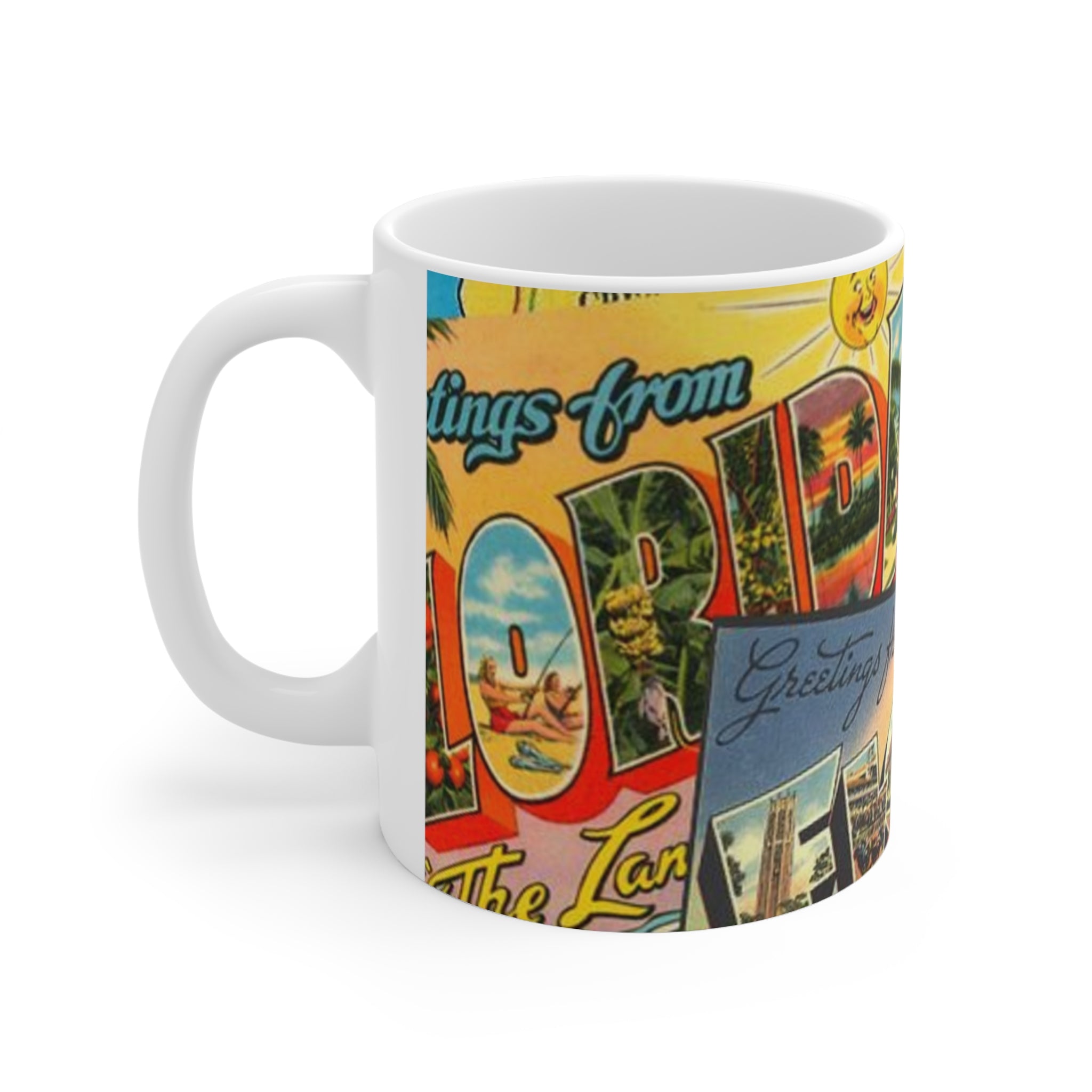 Florida Postcard Ceramic Coffee Mug — 'Greetings from Florida' Retro Travel Design (11oz & 15oz)