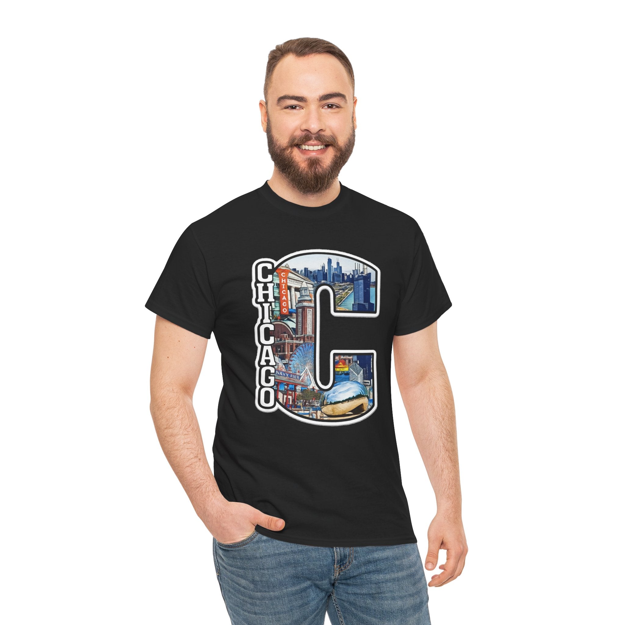 Chicago C Letter T-Shirt — City Skyline Graphic Cotton Tee