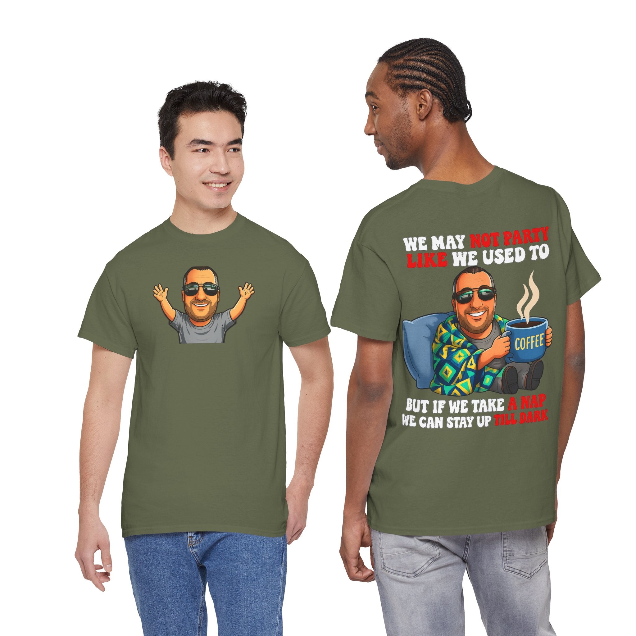 Funny Nap & Coffee T‑Shirt — "We May Not Party Like We Used To" Graphic Tee