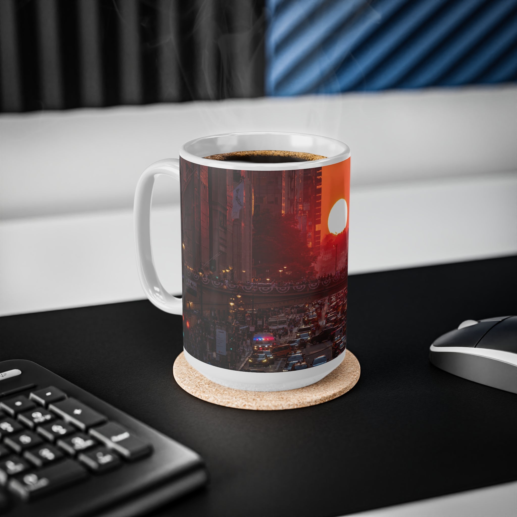New York City Sunset Traffic Ceramic Coffee Mug — Urban Evening Skyline, 11oz & 15oz