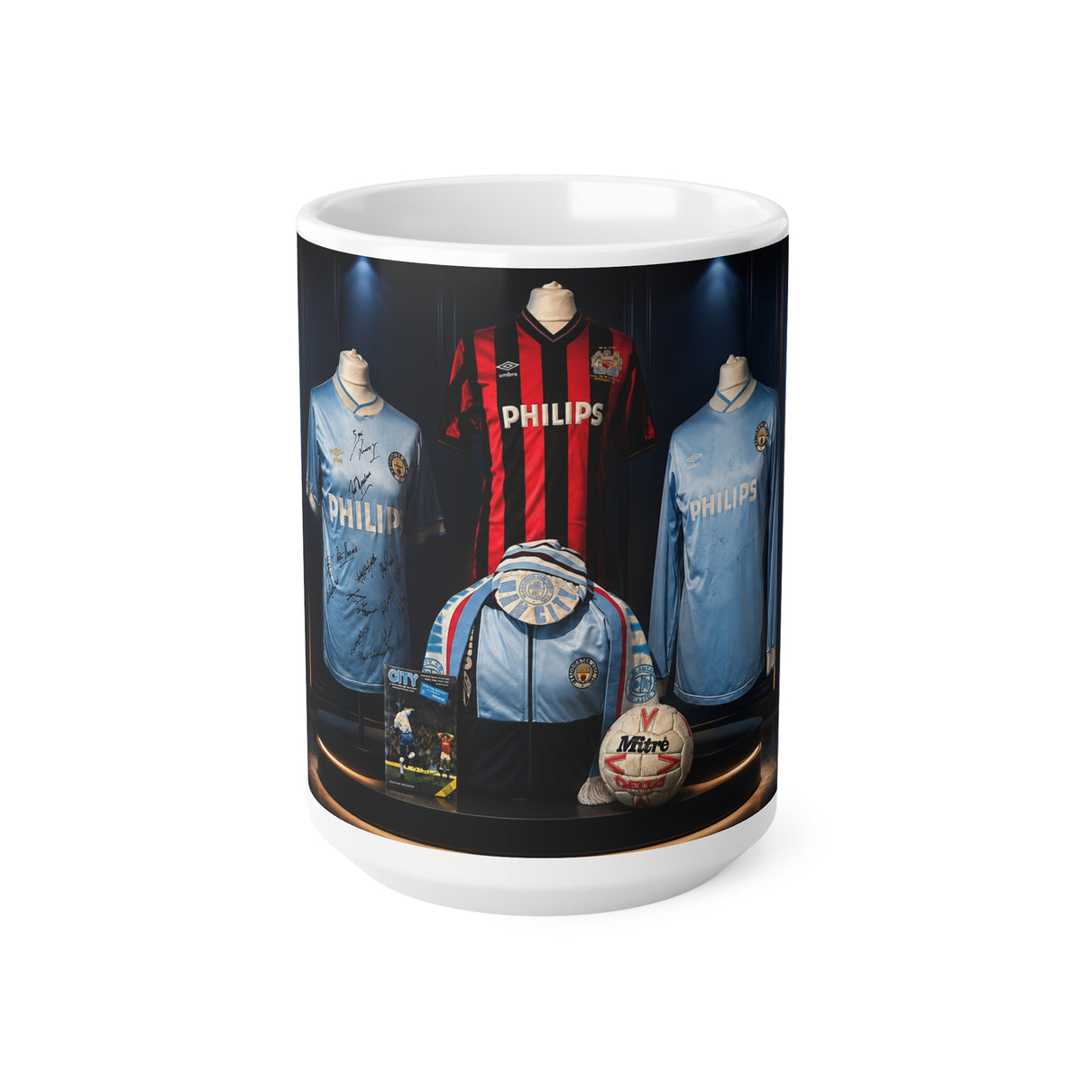 Manchester City Retro Soccer Jersey Display Ceramic Mug — Vintage Philips Football Memorabilia, 11oz/15oz