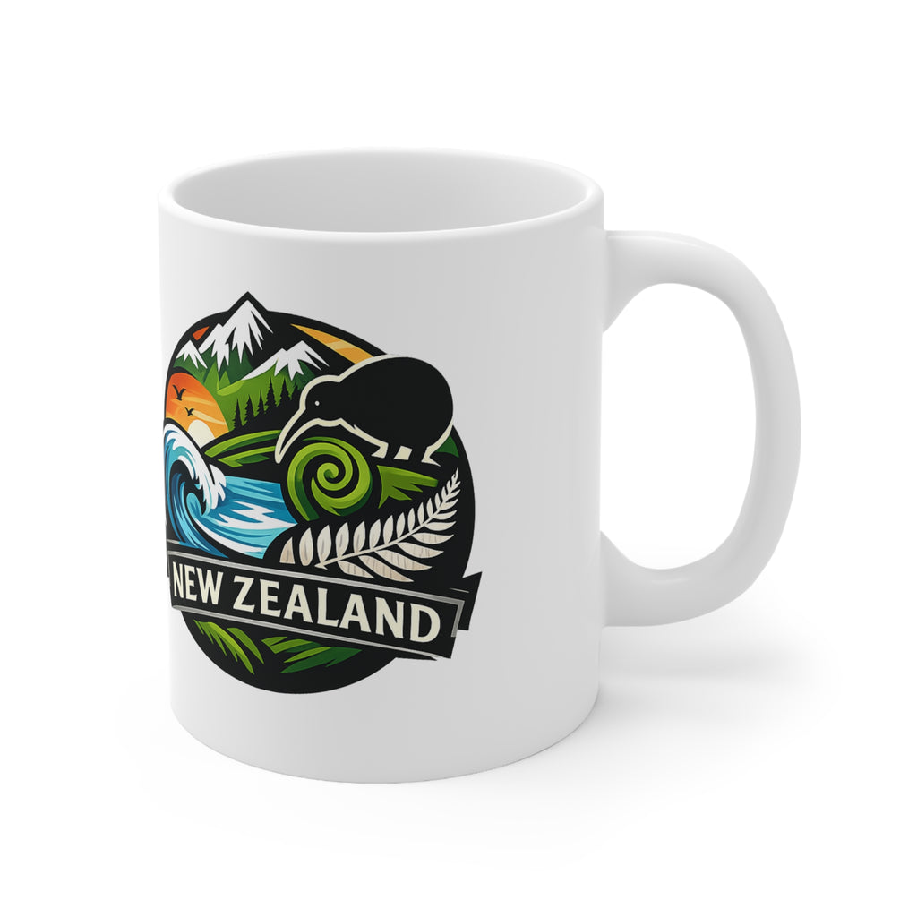 New Zealand Scenic Badge Ceramic Mug — Kiwi, Fern & Ocean Coffee Cup (11oz/15oz)