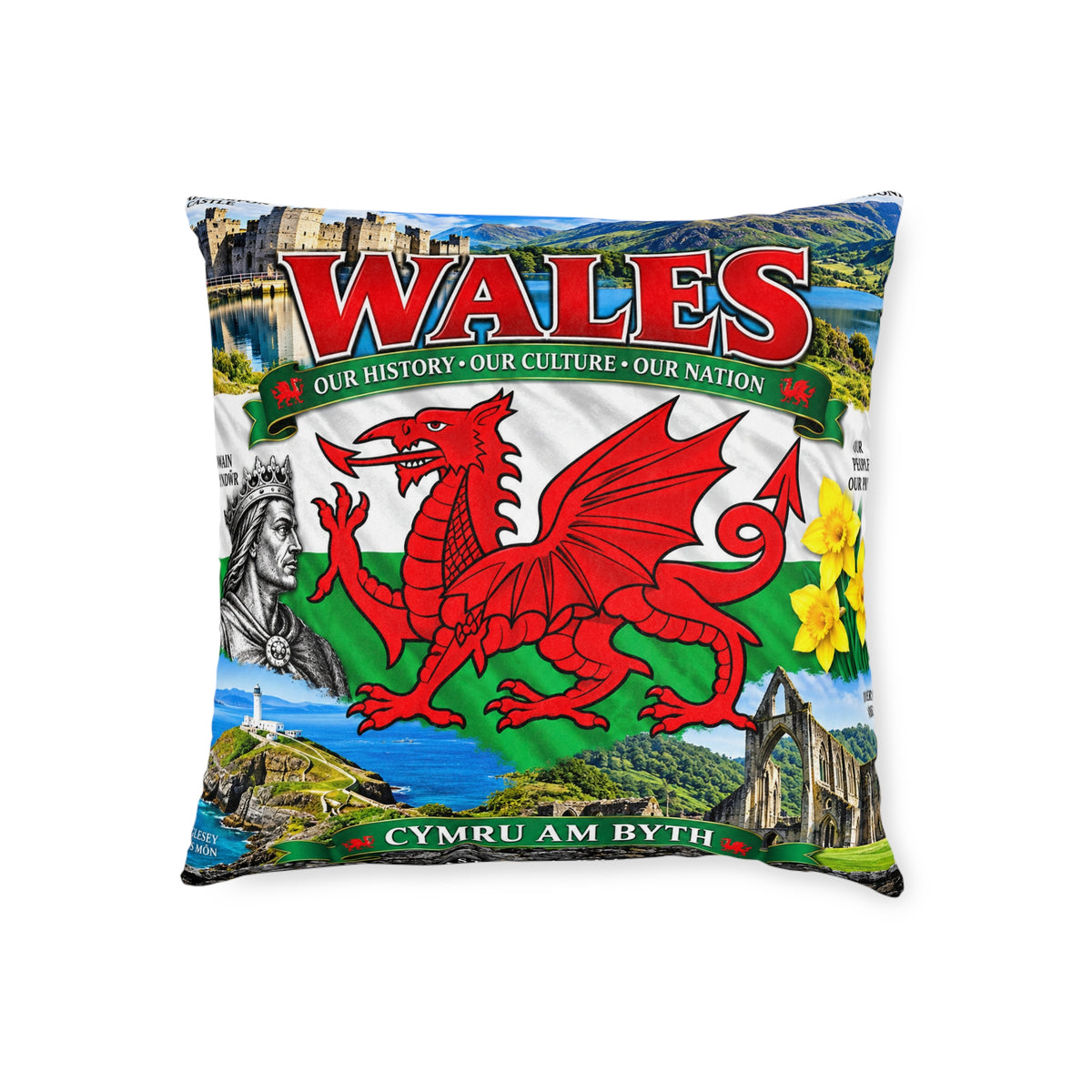 Wales Red Dragon Square Pillow — Cymru Am Byth Welsh Heritage Home Décor