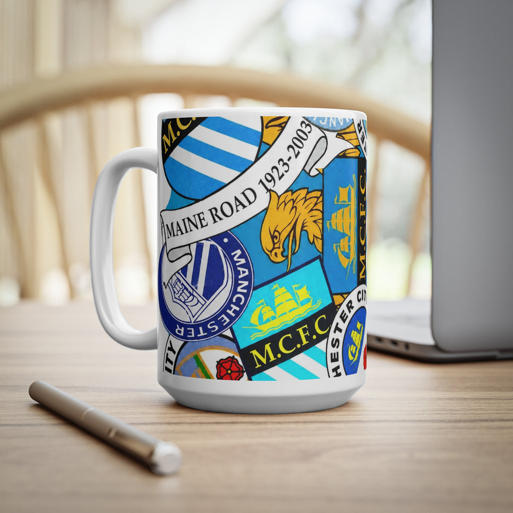 Manchester City Crest Collage Mug — Ceramic Coffee Cup (11oz & 15oz)