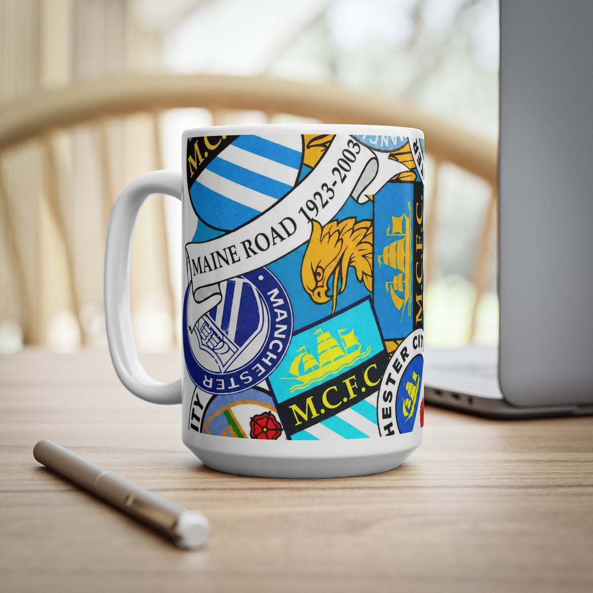 Manchester City Crest Collage Mug — Ceramic Coffee Cup (11oz & 15oz)