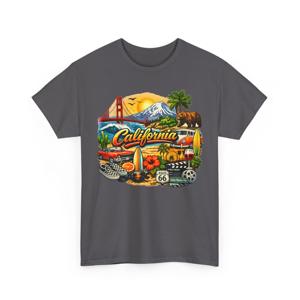 California Vintage Travel T-Shirt — Golden Gate, Palm Trees & Route 66 Tee