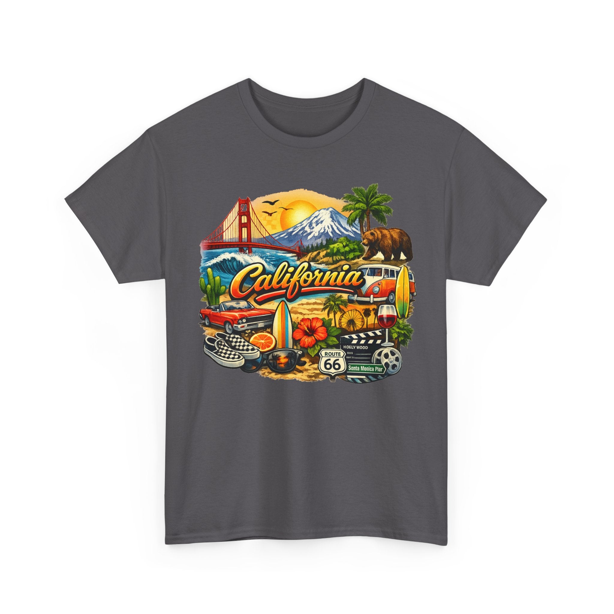 California Vintage Travel T-Shirt — Golden Gate, Palm Trees & Route 66 Tee