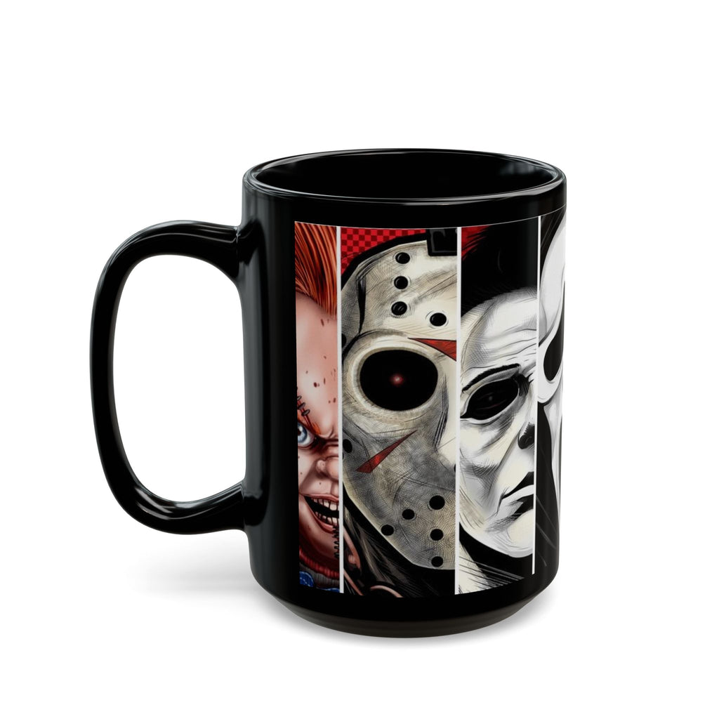 Horror Icons Collage Mug — Leatherface, Ghostface, Jigsaw & Pennywise Black Coffee Cup