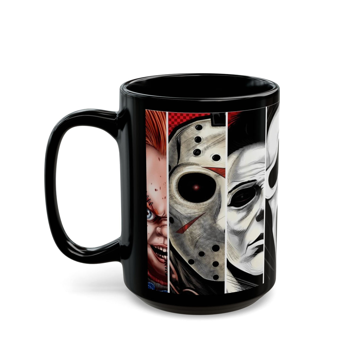 Horror Icons Collage Mug — Leatherface, Ghostface, Jigsaw & Pennywise Black Coffee Cup