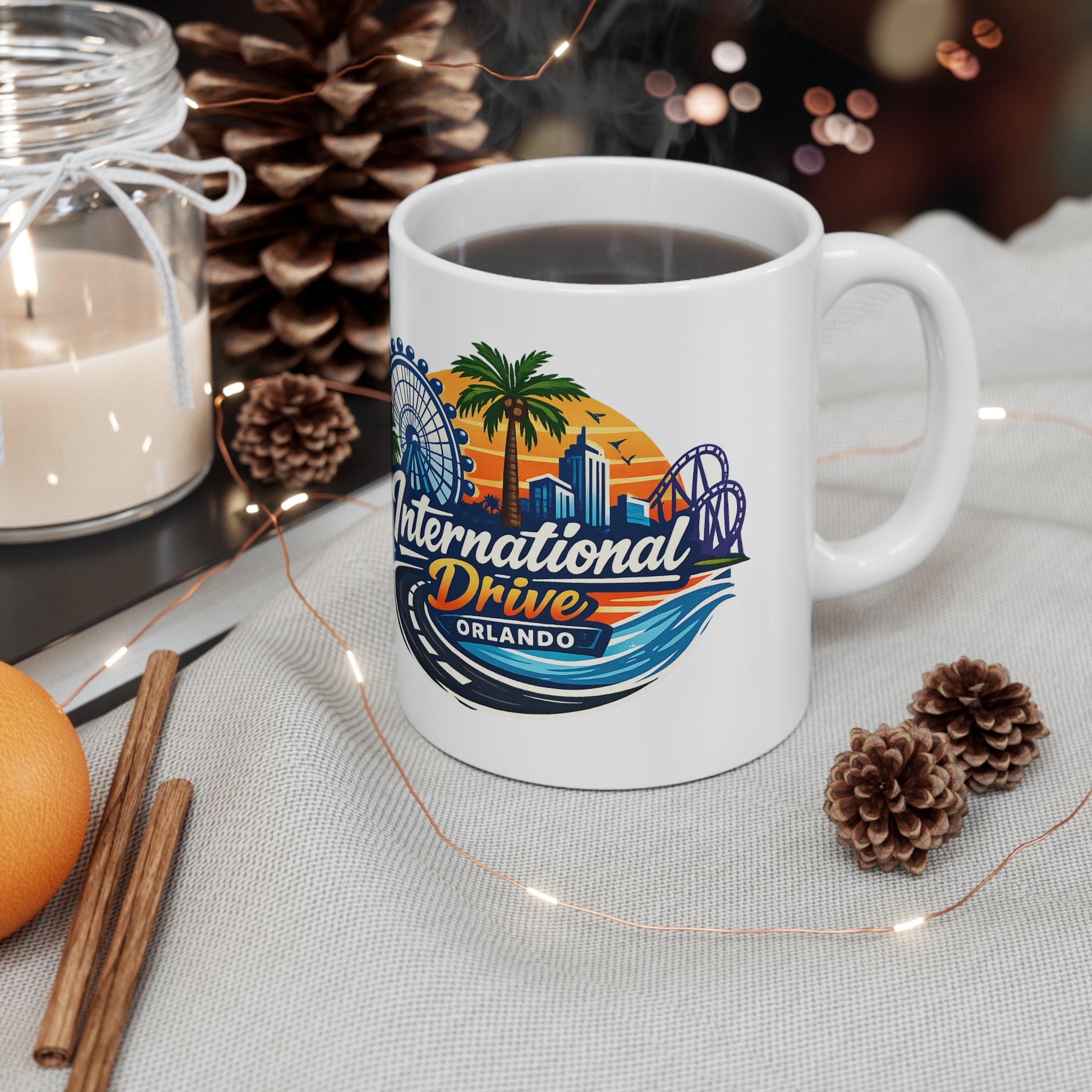 Orlando International Drive Souvenir Mug — 11oz/15oz Ceramic Coffee Cup with Ferris Wheel & Sunset Design