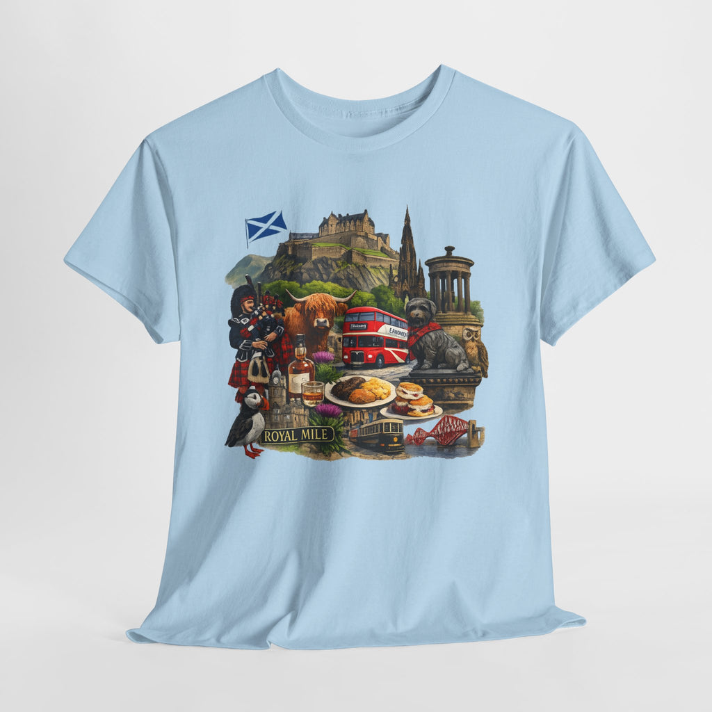 Scotland / Edinburgh Travel Collage T-Shirt — Edinburgh Castle, Bagpipes & Local Icons
