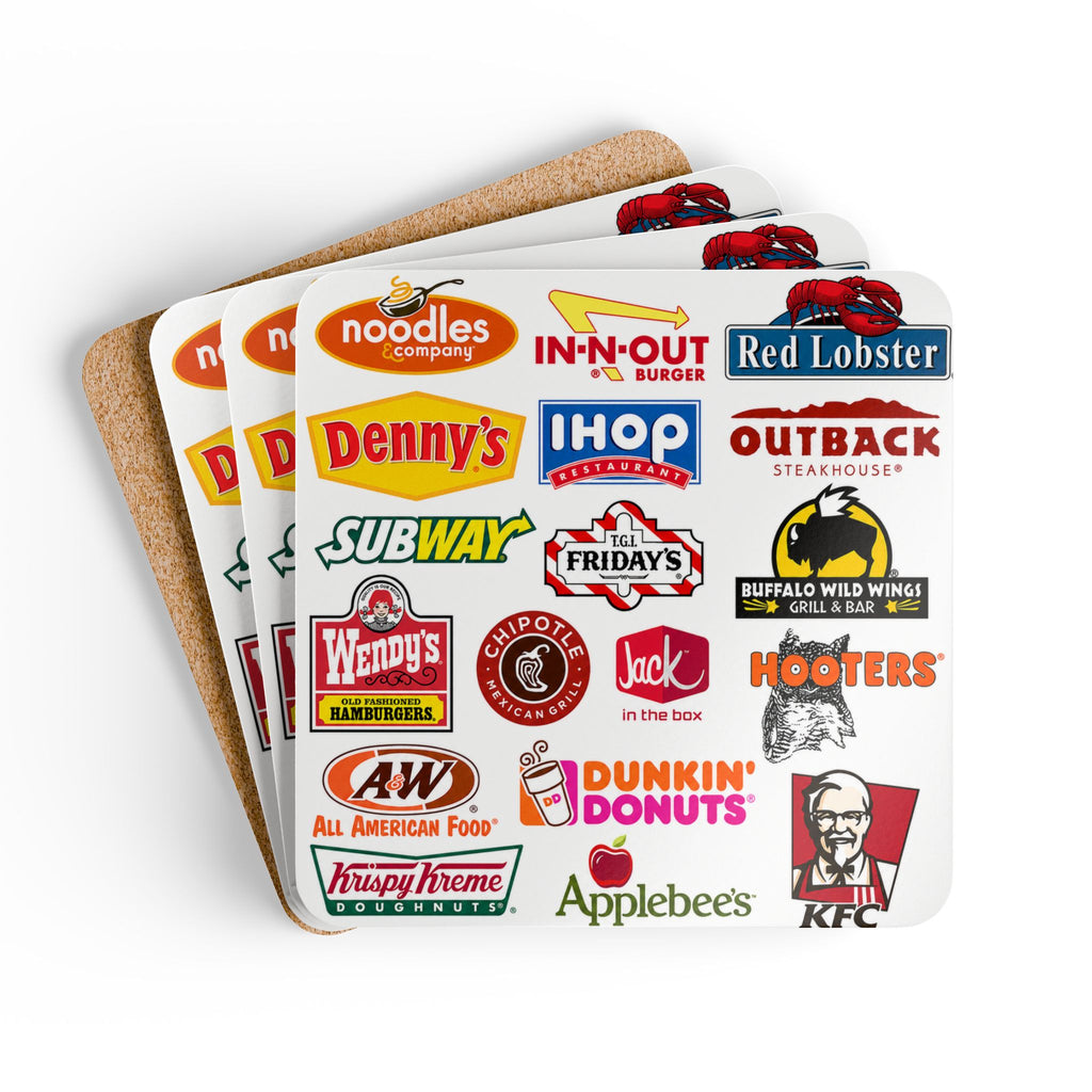 American Fast Food Logo Cork Coaster Set – Retro Restaurant Logo Drink Coasters (4-Pack)