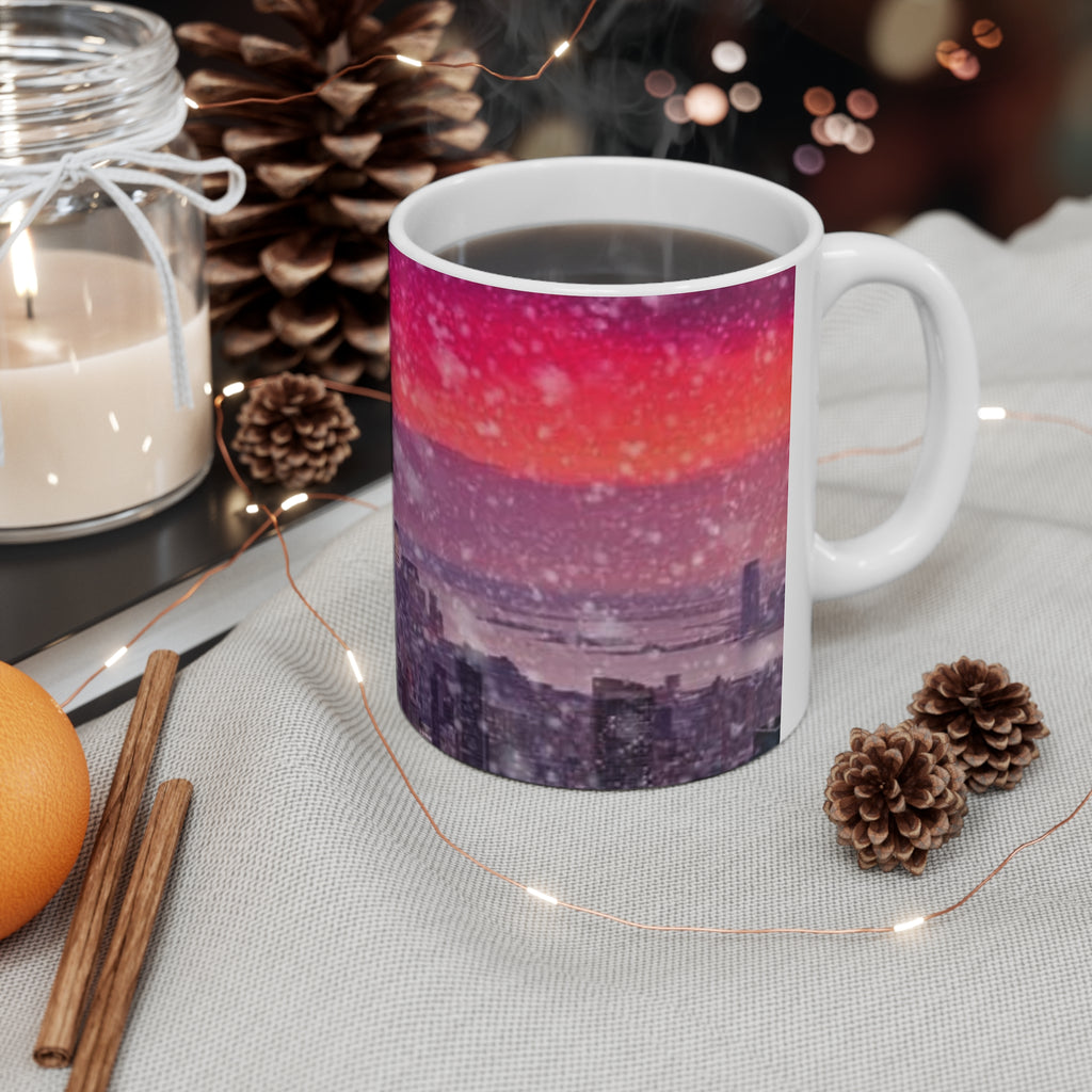 New York City Skyline Mug — Pink Sunset Snowfall Ceramic Coffee Cup (11oz & 15oz)