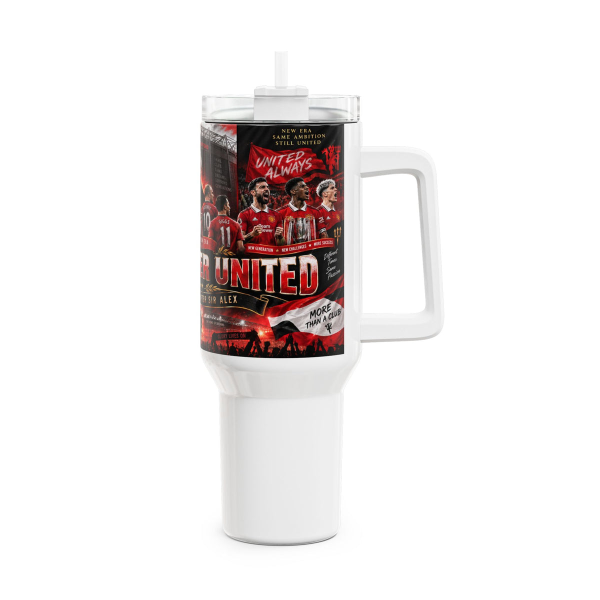 40oz Manchester United Tribute Tumbler — Retro Players & Stadium Collage