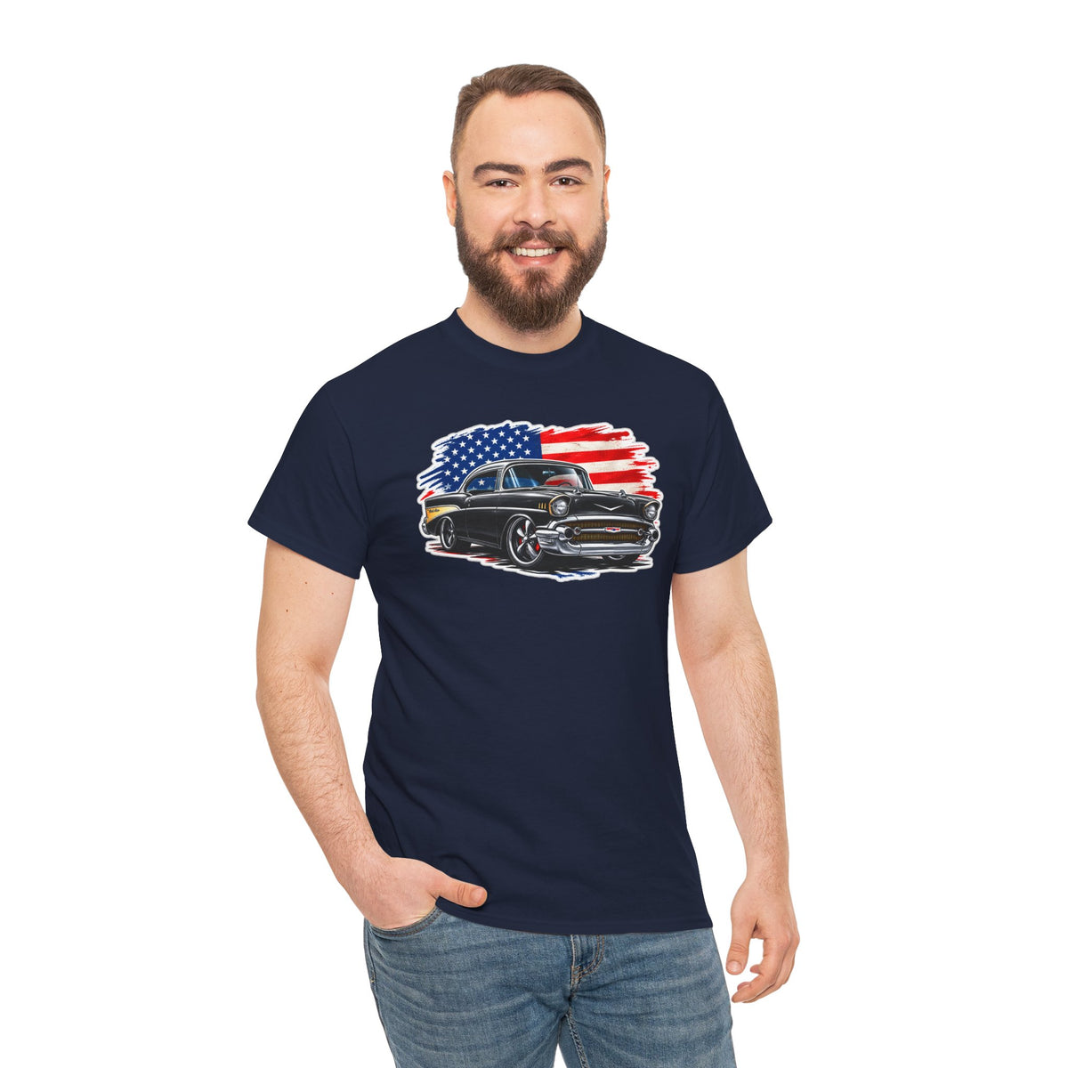 American Muscle Car T‑Shirt — Classic Vintage Car with USA Flag